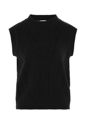 Black sleeveless knitted sweater vest with a high ribbed collar and cable knit pattern on front and sides.