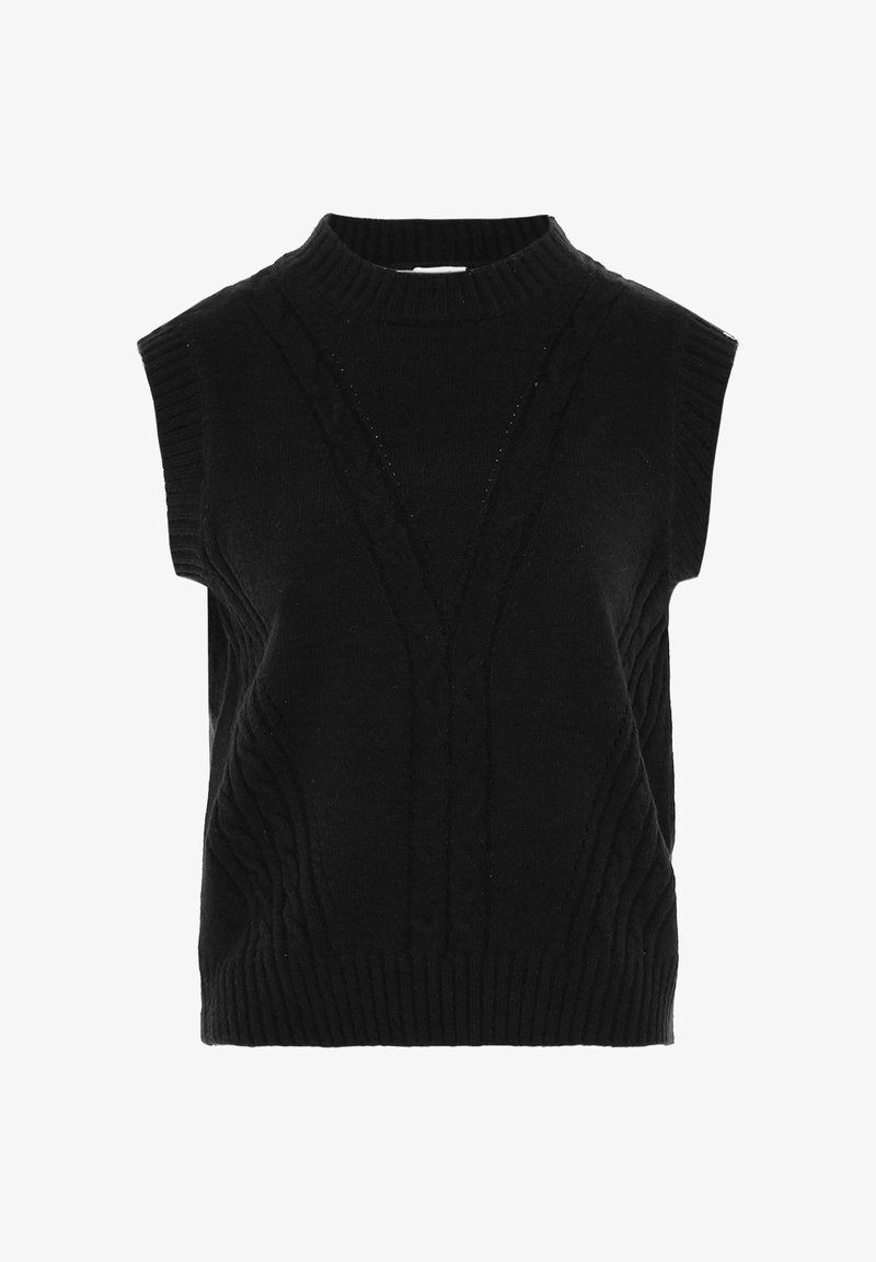Schwarze ärmellose Strickweste mit hohem Rippkragen und Zopfmuster auf der Vorderseite und an den Seiten.