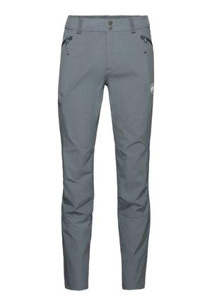 Gray outdoor pants featuring a sleek design, two zippered front pockets, and durable fabric. Reinforced accents on knees for added strength.