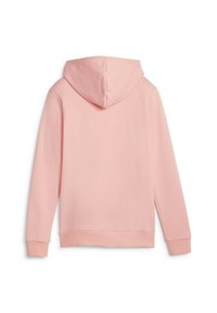 Hoodie rosa chiaro con una texture morbida, tasca a canguro frontale e cappuccio con cordino. Polsini e orlo ribattuti completano il design.