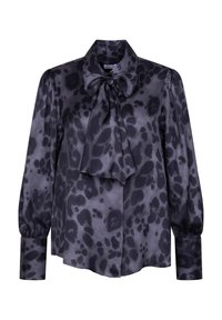 Blusa a maniche lunghe in satin grigio scuro con motivo leopardato, caratterizzata da un collo a fiocco e polsini elasticizzati per un tocco in più.