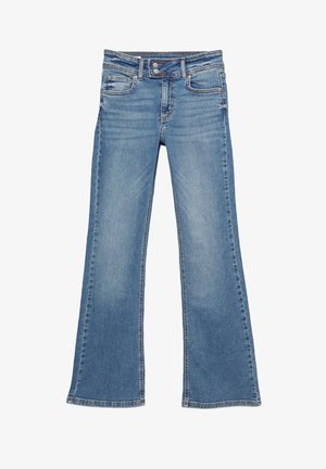 Blaue Jeans aus Denim mit hoher Taille, Fronttaschen, doppelter Knopfverschluss und leicht ausgestellten Beinen.