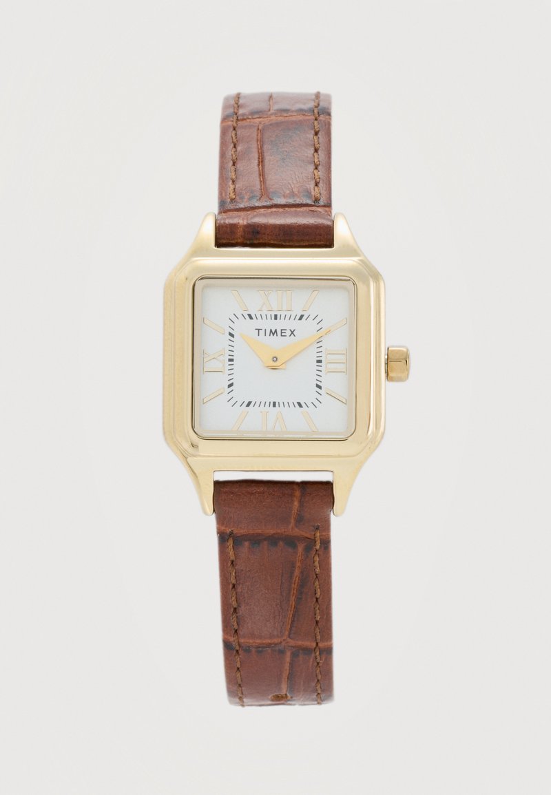 Firkantet Timex-ur i guldfarvet tone med hvid urskive, romertal, gyldne visere og tekstureret brunt læderrem.