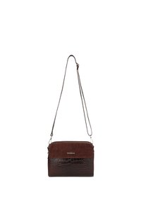 Borsa a tracolla marrone con una finitura a croco testurizzato nella sezione inferiore e morbido camoscio nella parte superiore, dotata di un logo in argento e di una tracolla regolabile.