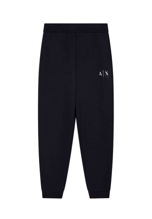 Pantalons de survêtement noirs avec taille élastique, jambes fuselées et poignets côtel�és noirs. Présente un logo blanc sur le côté gauche. Texture du tissu lisse.