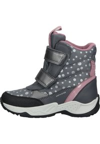 Stivale impermeabile grigio con accenti argentati e elementi rosa. Presenta un motivo a pois, due cinturini in velcro e una suola in gomma per una buona aderenza.