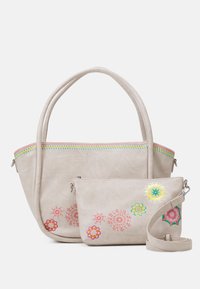 Beige syntetisk håndtaske med to top håndtag, farverige broderede blomster mønstre og en aftagelig mindre pung med en skulderrem.