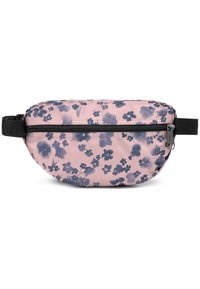 Růžová textilní ledvinka s květinovým vzorem v námořnické modři. Má černé zapínání na zip a nastavitelný černý řemínek. Kulatý, kompaktní tvar.
