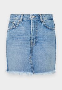 Modra jeans krila z oprijetim dizajnom, surovim robom in klasičnimi sprednjimi žepi. Gladka tekstura s subtilnim izbledelostjo za sproščen videz.