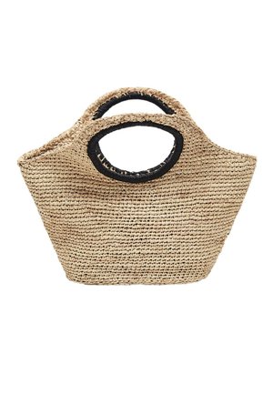 Woven straw handbag with rounded black-trimmed handles and a wide, slightly trapezoidal shape on a white background.