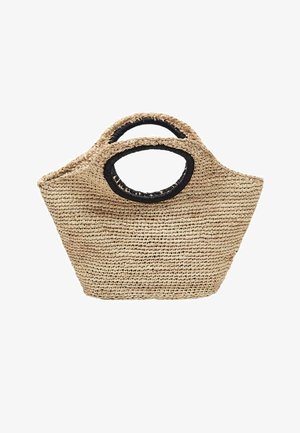 Woven straw handbag with rounded black-trimmed handles and a wide, slightly trapezoidal shape on a white background.