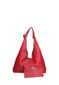 Borsa hobo in pelle rossa con manico a nodo, caratterizzata da una texture liscia e una pochette abbinata con cerniera e dettaglio logo dorato.
