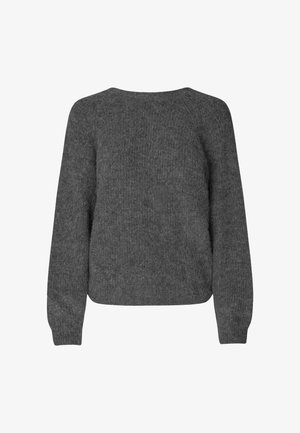 Tmavě šedý, dlouhý svetr s dlouhým rukávem z úpletu, s kulatým výstřihem a žebrovanými manžetami, vystavený na bílém pozadí.