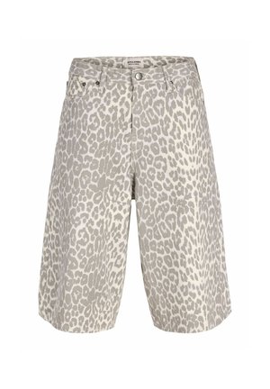 High-waist knee-length shorts with grey and white leopard print, front button, zipper closure, and belt loops.