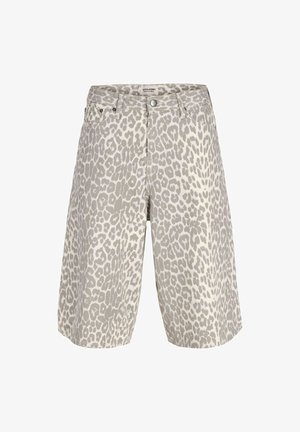 High-waist knee-length shorts with grey and white leopard print, front button, zipper closure, and belt loops.