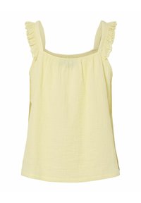 Blouse jaune sans manches avec bordure en dentelle à volants sur les bretelles, encolure froncée et tissu léger texturé.