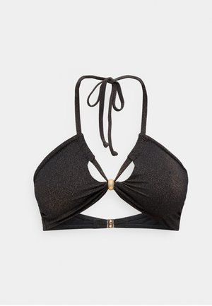 Haut de bikini noir scintillant à col halter avec détail anneau doré au centre et fermeture à clip à l'arrière.