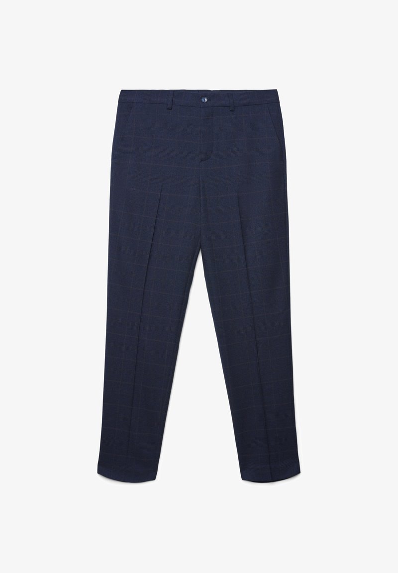 Pantaloni da uomo blu navy con un sottile motivo a scacchi, piega frontale, passanti per cintura e chiusura a bottone su uno sfondo bianco.