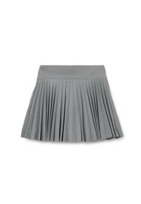 Grijze geplisseerde rok, met een brede tailleband en zachte stof. De rok heeft een uitlopende silhouette en een gladde textuur, met gelijkmatig verdeelde plooien.