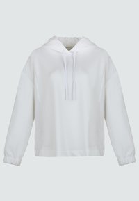 Biała bluza z kapturem wykonana z miękkiego materiału. Posiada sznurek w kapturze, obniżone ramiona i elastyczne mankiety. Prosty, minimalistyczny design.