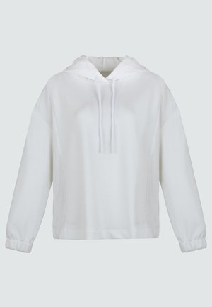 Witte hoodie van zacht materiaal. Voorzien van een trekkoordcapuchon, verlaagde schouders en elastische manchetten. Eenvoudig, minimalistisch ontwerp.