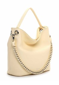 Lysegul læderhåndtaske med blød tekstur, en buet form og en aftagelig kæderem. Har sølvfarvet hardware og diskret branding.