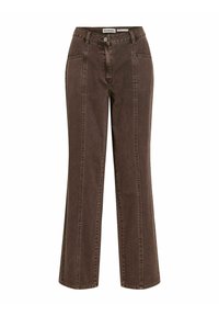 Hnědé džíny s vysokým pasem, rovnými nohavicemi, předním švem, zapínáním na knoflíky a předními kapsami.