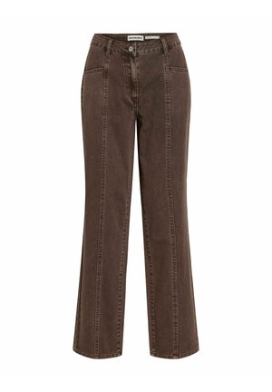 Hnědé džíny s vysokým pasem, rovnými nohavicemi, předním švem, zapínáním na knoflíky a předními kapsami.