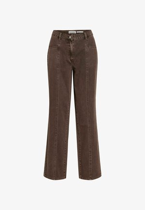 Hnědé džíny s vysokým pasem, rovnými nohavicemi, předním švem, zapínáním na knoflíky a předními kapsami.