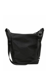 Borsa a spalla nera in nylon con tracolla regolabile e dettagli in metallo argentato, dotata di un compartimento principale con zip.