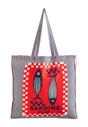 Striped tote bag with two stylized blue fish on a red square background and the text "SARDINE CLUB" at the bottom center.