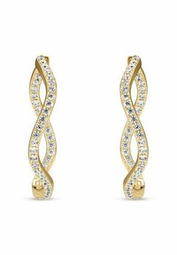 Orecchini in tono oro caratterizzati da un design intrecciato decorato con gemme trasparenti lungo le curve, che mostrano una finitura liscia e lucida.
