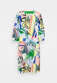 Abito multicolore realizzato in tessuto leggero, caratterizzato da motivi floreali e geometrici astratti nei colori verde, rosa, blu, giallo e nero.