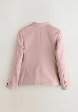 Light pink tailored blazer with a notch collar, structured shoulders, and four-button cuffs. Smooth fabric with a minimalist design.