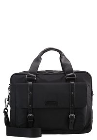 Svart laptopväska i nylon med läderhandtag. Har ett huvudfack med dragkedja, en ficka med framficka och justerbar axelrem.