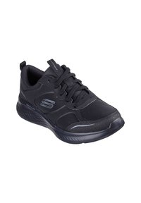 Scarpa sportiva nera con tomaia in tessuto texturizzato, design con lacci, sole ammortizzato e logo discreto di lato. Suola in gomma liscia.