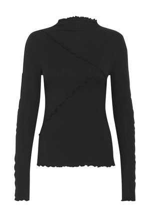 Zwarte geribbelde top met lange mouwen en een hoge hals, met een diagonale ruffles op de voorkant en golvende zoomdetails op de mouwen.