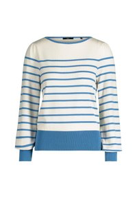 Maglione a righe in crema e blu chiaro, con colletto rotondo, maniche lunghe, polsini a coste e orlo blu solid. Morbido al tatto.