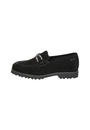 Black suede loafer with rubber sole and silver buckle detail on top, designed for casual or formal wear.