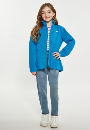 Giacca di pile blu con colletto alto, zip frontale e due tasche laterali. Abbinate a una camicia a righe rosa e jeans in denim. Sneakers bianche.