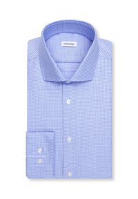 Camicia da uomo azzurro chiaro con motivo a fantasia, colletto a punta larga, polsini con un solo bottone e bottoni bianchi, caratterizzata da un tessuto con design testurizzato.