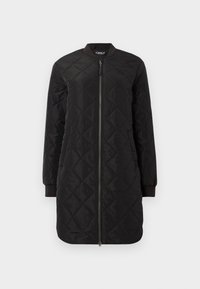 Black quilted jacket featuring a long design, ribbed cuffs, and a front zipper. The material has a smooth texture and diamond pattern.
