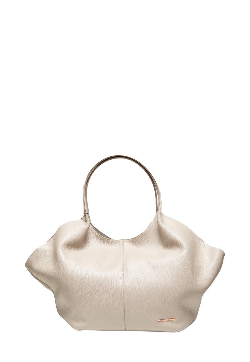 Borsa tote in pelle beige con una forma morbida e strutturata, dotata di due manici e design minimalista. Branding discreto sul lato.