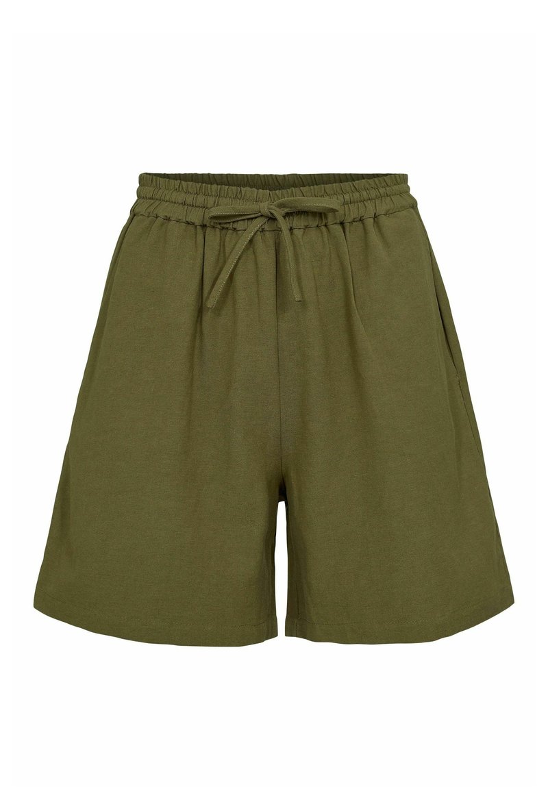 Olivgrüne Baumwollshorts mit einem elastischen Bund und Kordelzug. Verfügt über Seitentaschen und einen lockeren, entspannten Schnitt.