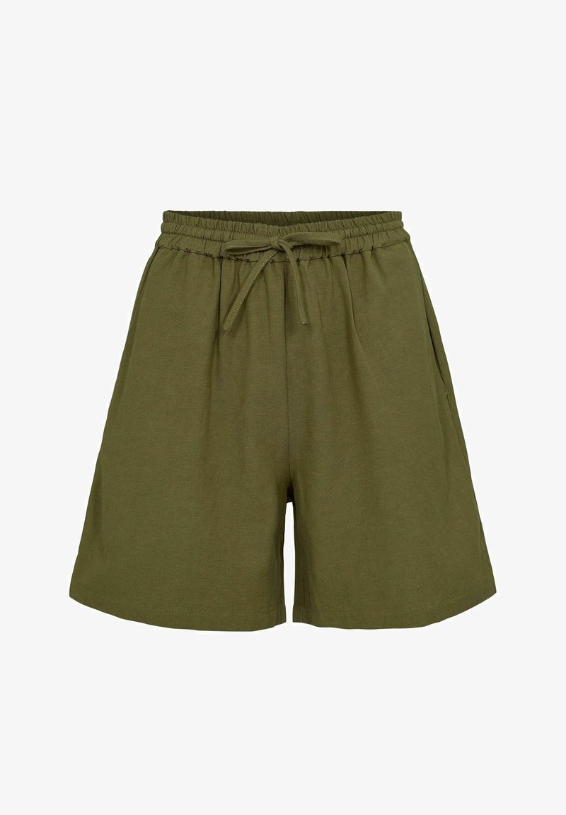 Olivgrüne Baumwollshorts mit einem elastischen Bund und Kordelzug. Verfügt über Seitentaschen und einen lockeren, entspannten Schnitt.