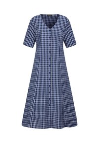 Abito a quadri blu e bianchi con maniche corte, scollo a V e chiusura frontale con bottoni. Gonna ampia con orlo a lunghezza ginocchio. Tessuto di cotone.