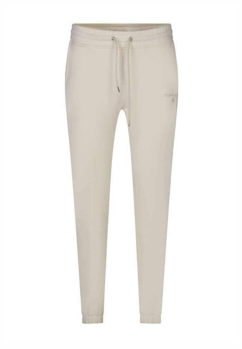 Pantalons jogger beige clair en tissu doux, dotés d'un waistband élastique avec cordon de serrage, de poignets ajustés et d'un détail logo subtil.