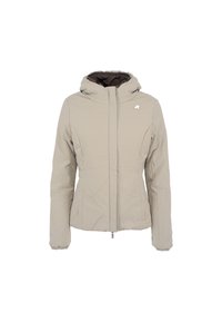 Beige gewatteerde jas met kap, lange mouwen, rits aan de voorkant, zijzakken en een klein wit logo op de linkerborst.