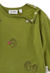Grüner Baumwollpullover mit Schulterknöpfen, verziert mit gestickten Igeln und Blumen in Pink und Schwarz. Angenehme Textur, lockere Passform.