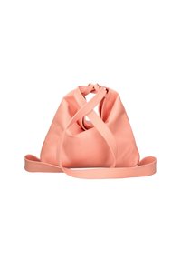 Perzikkleurige hobo-tas van textuurleer. Heeft een unieke gevouwen ontwerp met gekruiste banden en een ruime binnenkant.